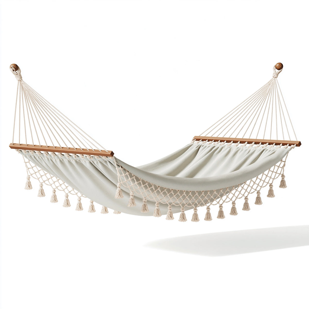 Hängematte 300 x 100 cm aus Textilgewebe und Holz in Creme Boho-Stil