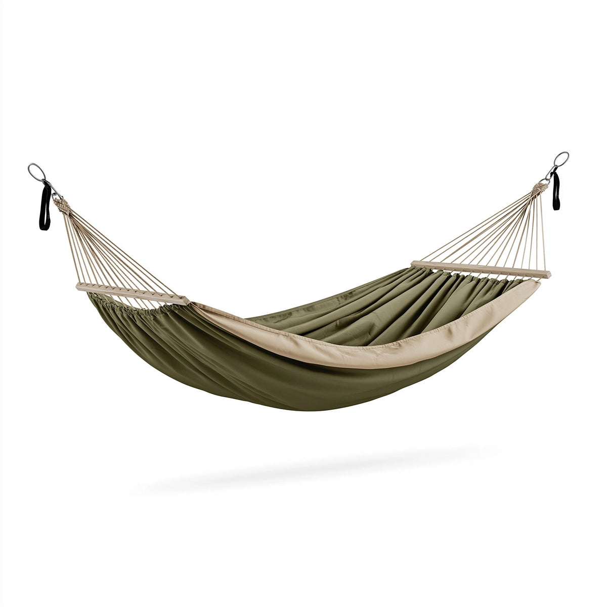 Hängematte 300 x 140 cm Textil Olivgrün Beige mit Holzspreizstäben für Garten
