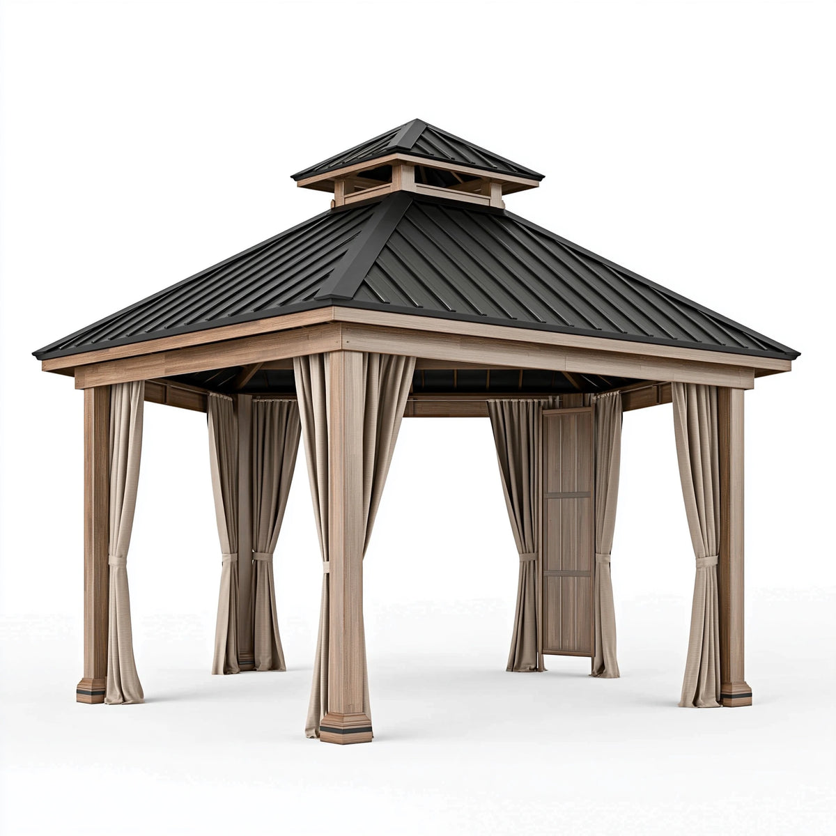 Gartenpavillon 400 x 400 x 350 cm Holz Schwarz Beige mit Vorhängen und Metalldach