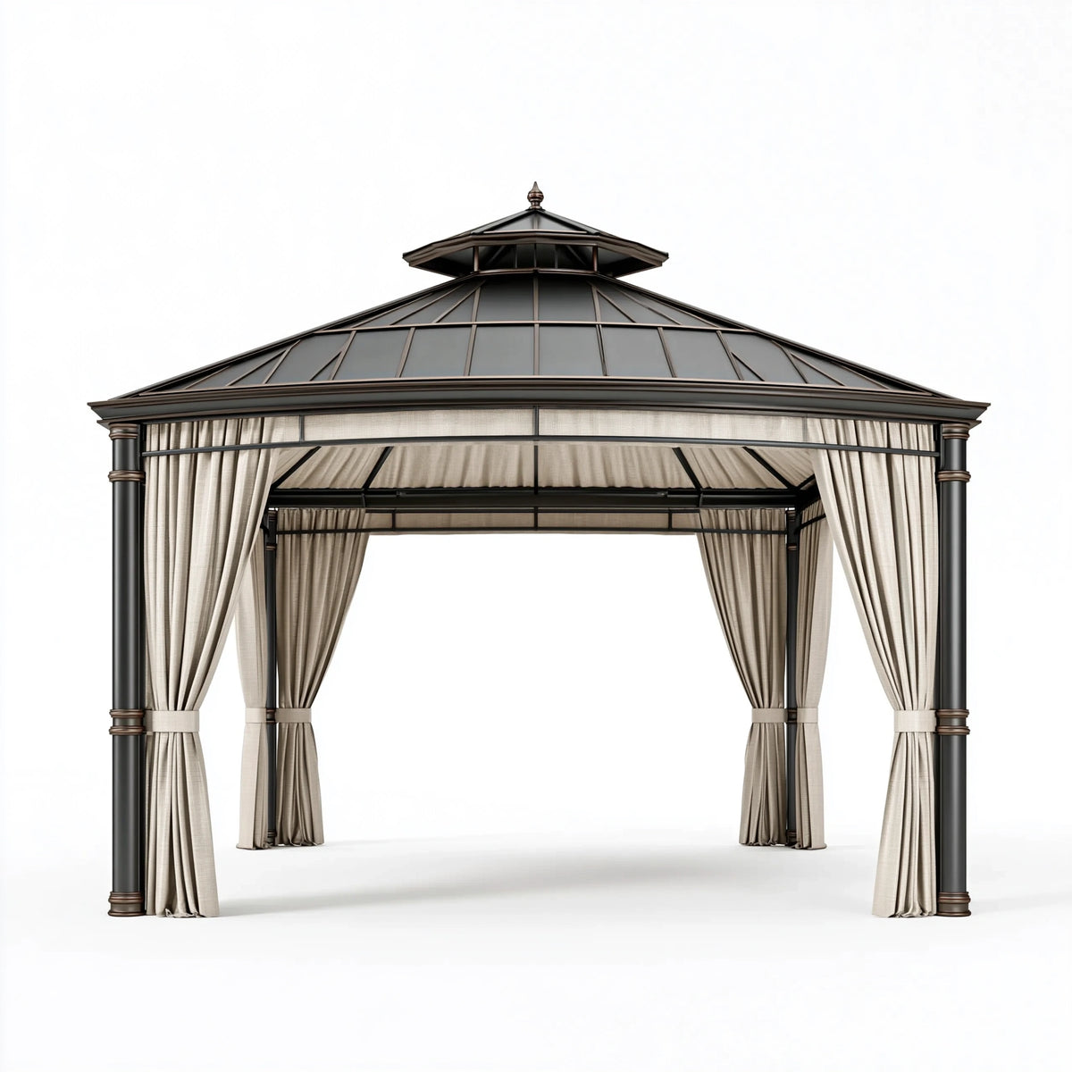 Pavillon 300 x 300 x 300 cm aus Metall in Schwarz Beige mit Vorhängen im klassischen Stil