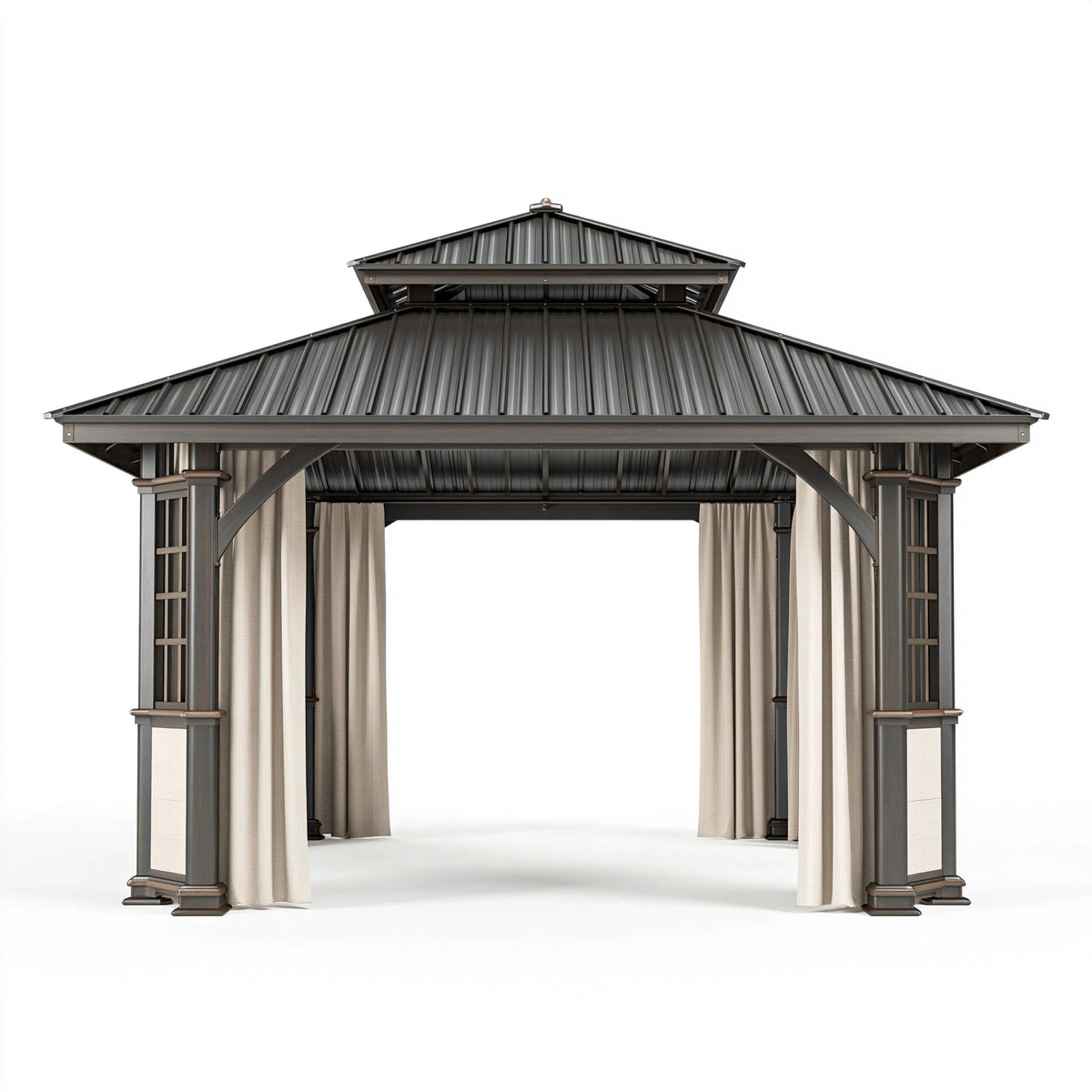 Pavillon 400 x 300 x 300 cm Metall Dunkelgrau mit Vorhängen und Doppeldach