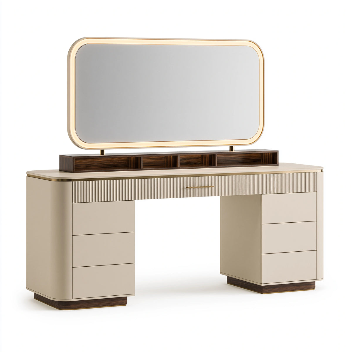 Schminktisch Set 160 x 50 x 78 cm in Cremebraun mit Spiegel und Schubladen im modernen Stil