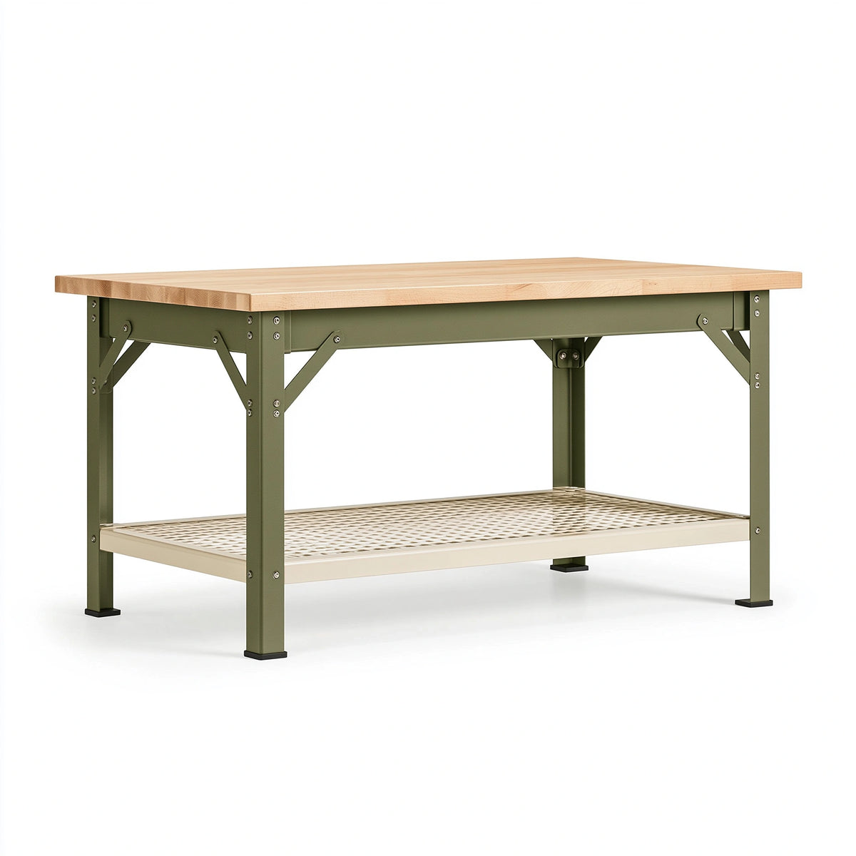 Werkbank 120 x 60 x 90 cm mit Holzplatte und Metallgestell Grün Beige - Industrie-Stil mit Ablage