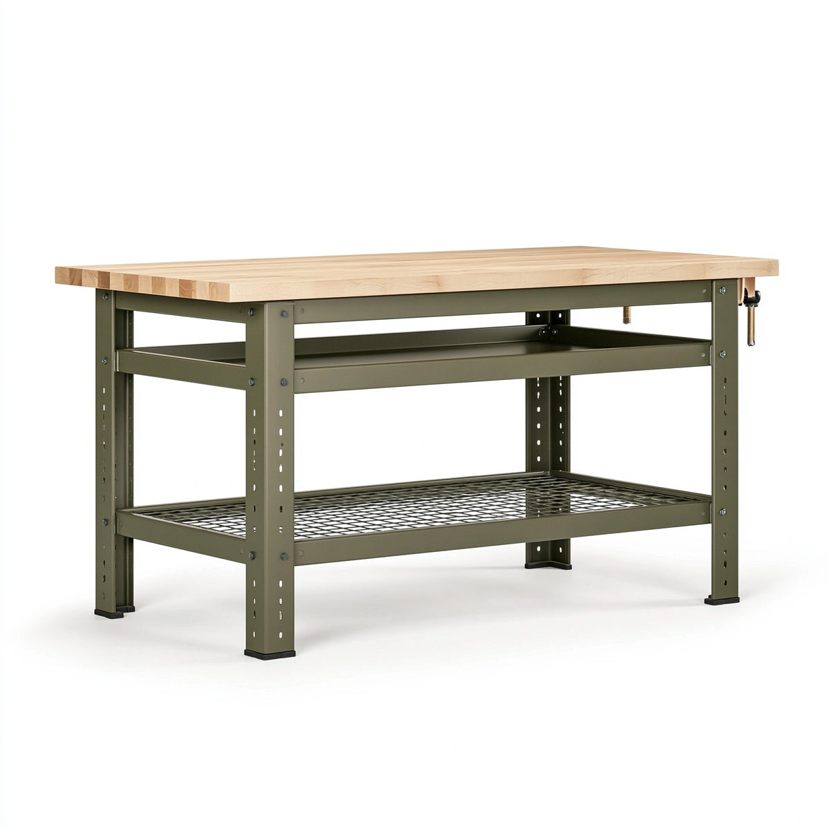 Werkbank 152 x 61 x 91 cm Holz und Stahl Olivgrün Natur mit Ablage