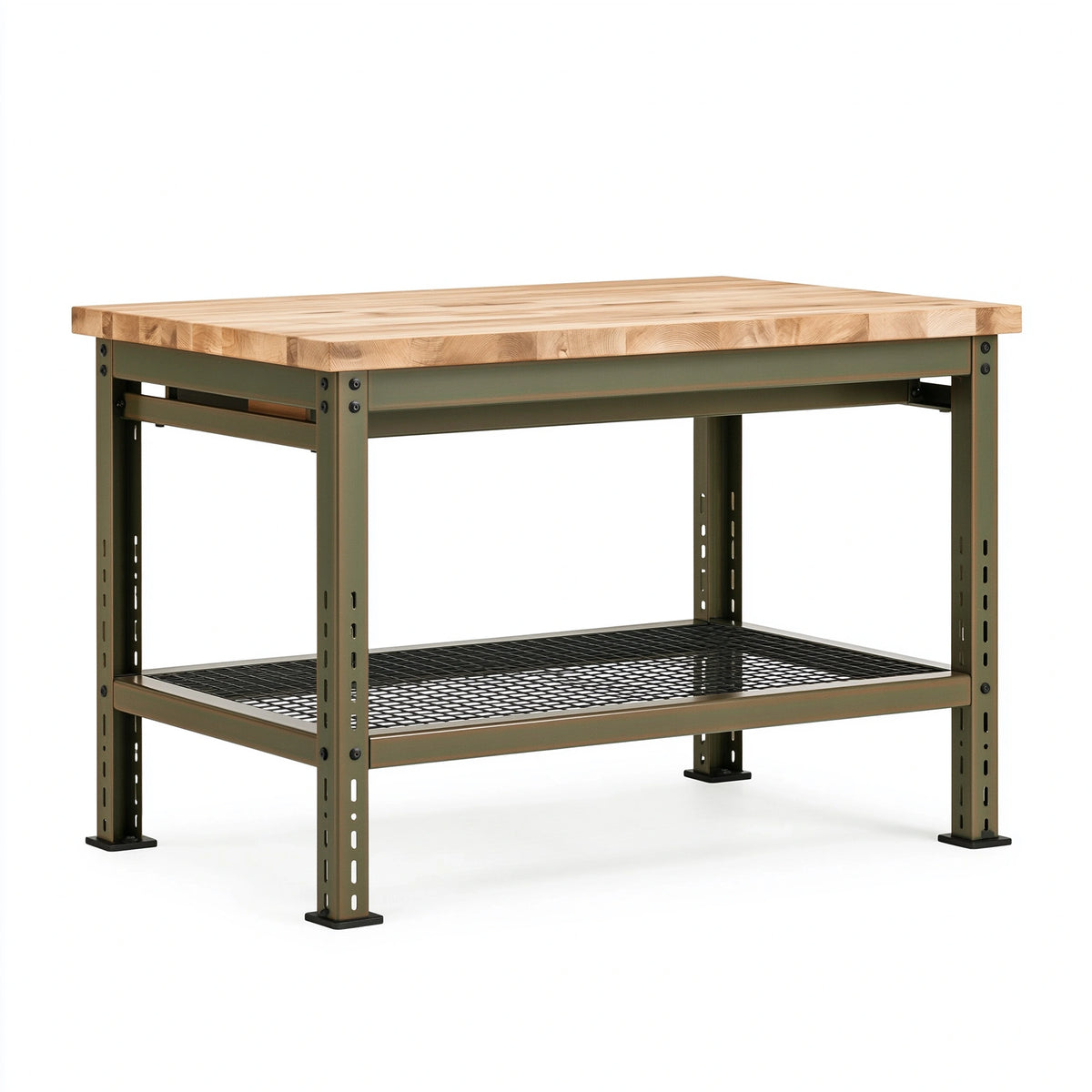 Werkbank 120 x 60 x 90 cm Holz Stahl Olivgrün - Industrie Stil mit Gitterablage