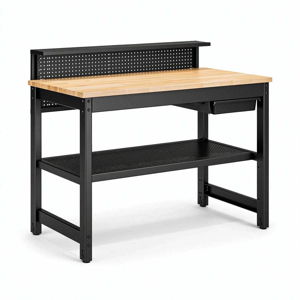 Werkbank 120 x 60 x 150 cm mit Holzarbeitsplatte und Stahlgestell Schwarz/Natur Industriestil