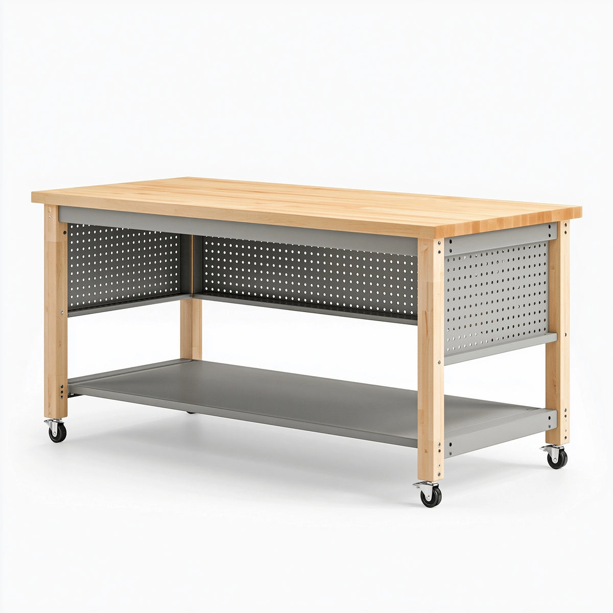 Werkbank 150 x 75 x 90 cm aus Holz und Stahl in Natur/Grau mit Rollen
