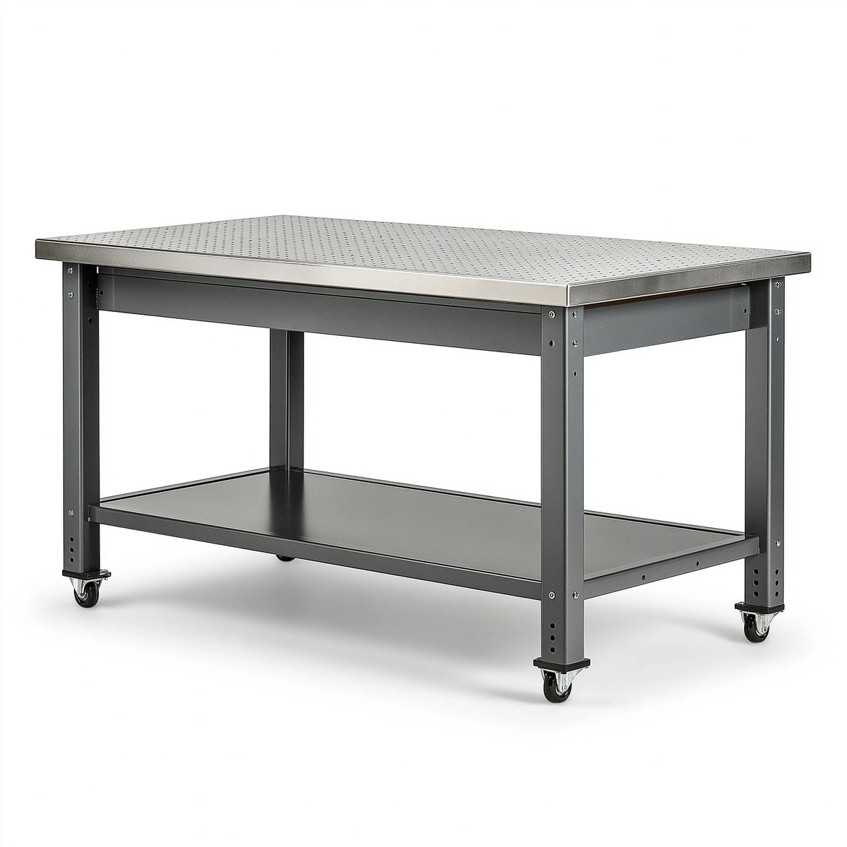 Werkbank 120 x 60 x 85 cm aus Stahl in Anthrazit Silber - höhenverstellbar mit Rollen und Ablage