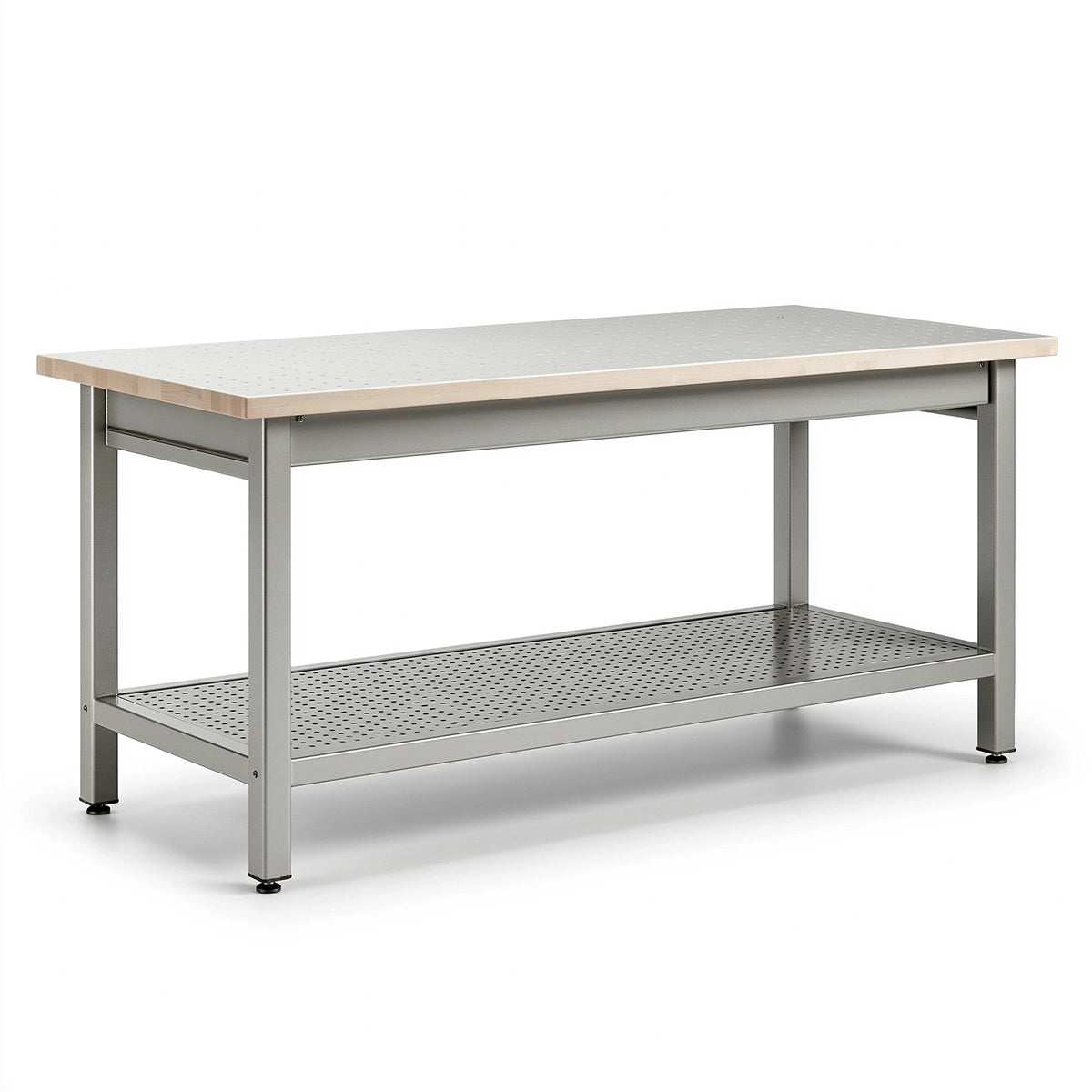 Werkbank 180 x 80 x 90 cm aus Stahl und Holz in Grau Natur mit Lochplatte und Ablage
