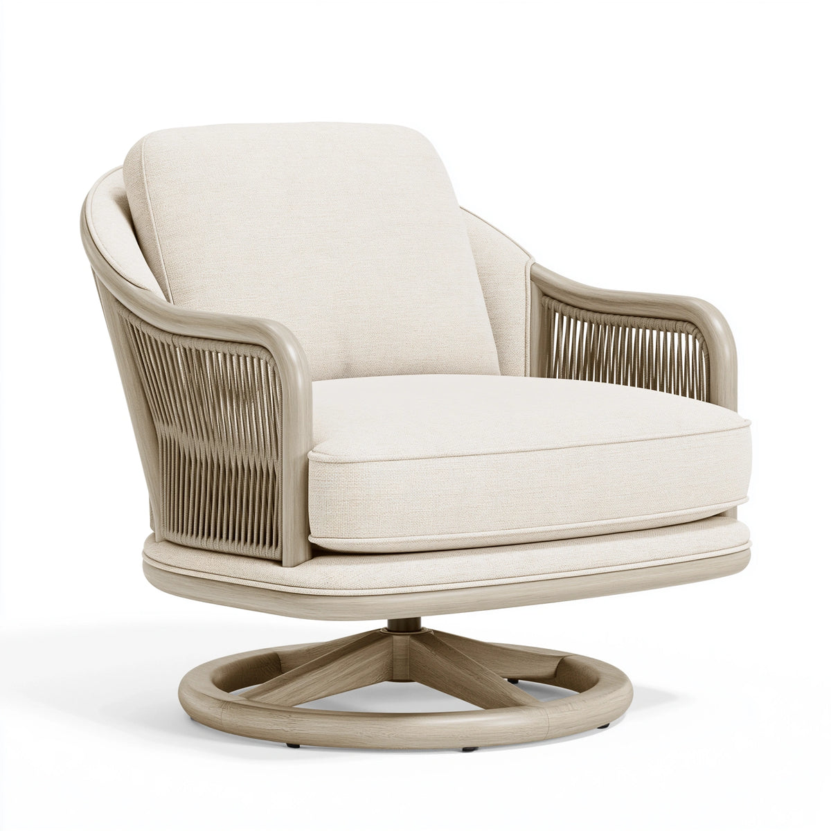 Drehsessel 80 x 80 x 90 cm aus Holz und Textil in Creme Hellbraun mit Kordelgeflecht
