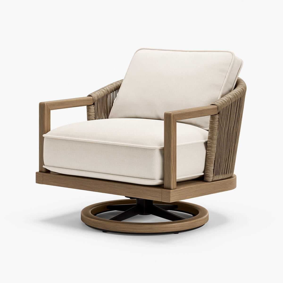 Drehsessel 82 x 88 x 92 cm in Beige und Braun mit Holzrahmen Kordelgeflecht und Polsterung