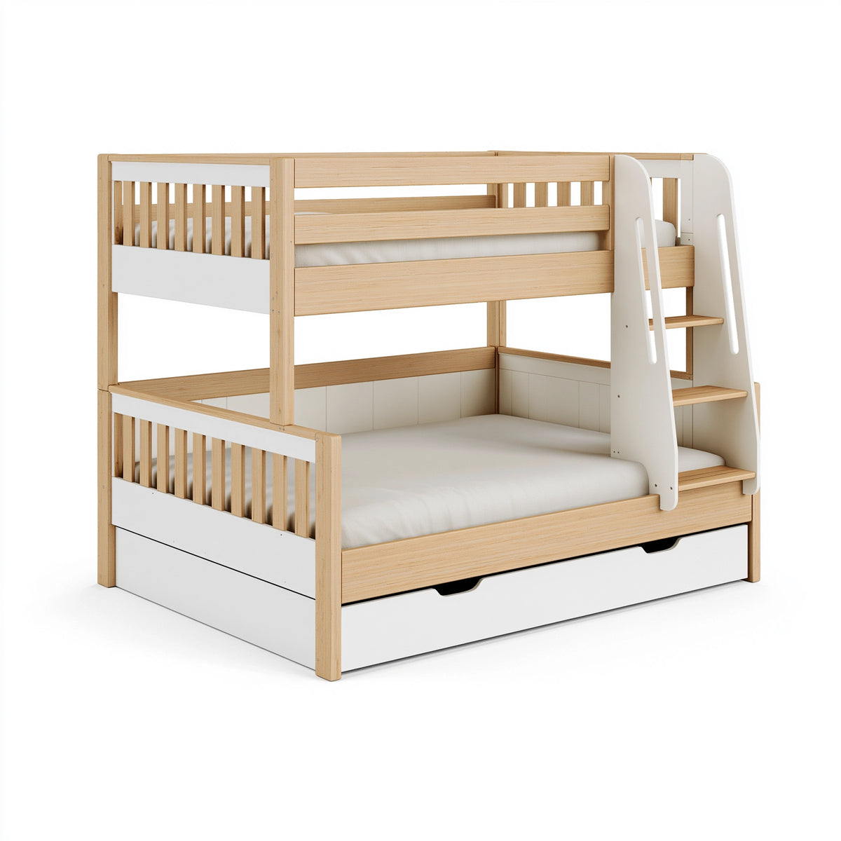 Etagenbett 200 x 90 cm Holz Weiß Natur mit Leiter und Bettkasten
