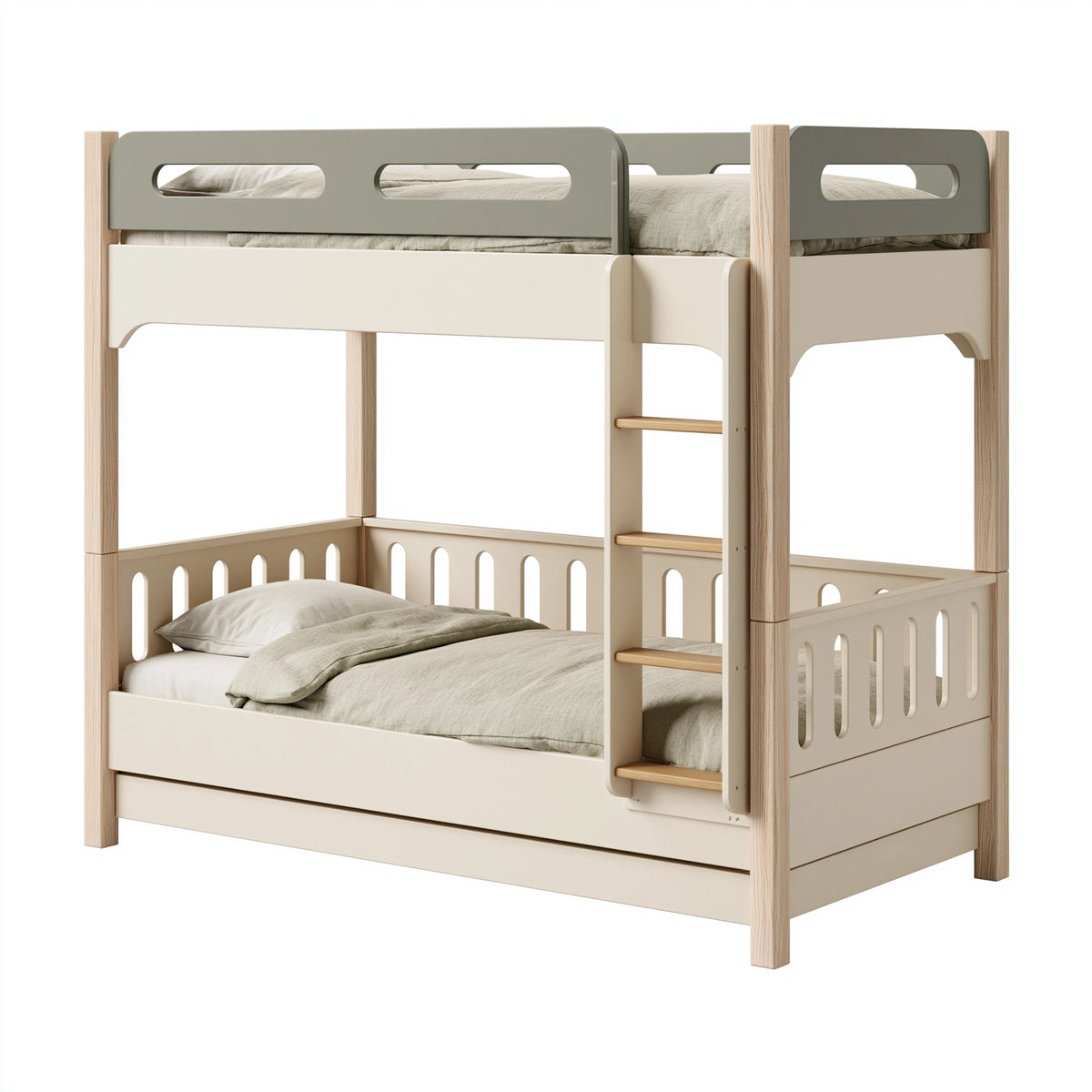 Etagenbett 90 x 200 cm aus Holzwerkstoff in Creme und Olivgrün mit Leiter